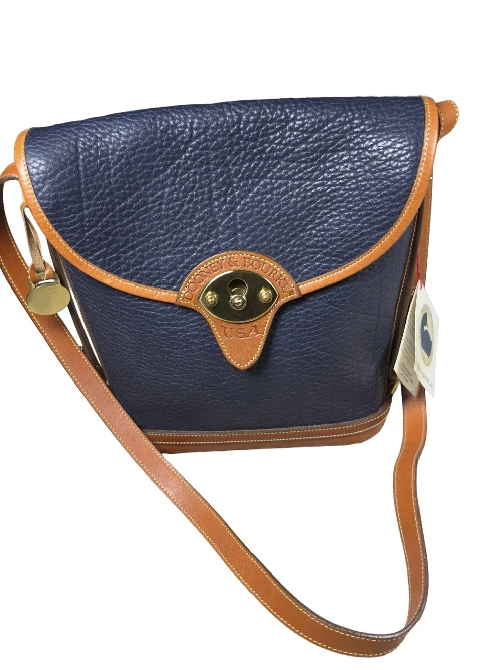 NWT Vintage Dooney & Bourke Cavalry Spectator Bag Navy Blue Tan AWL Crossbody